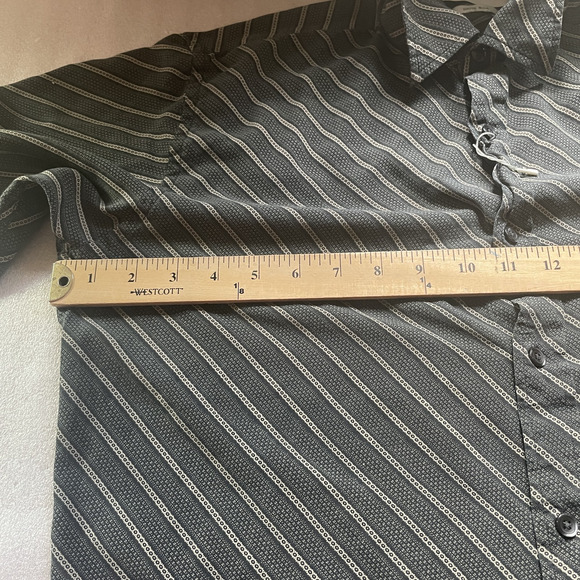 Perry Ellis Shirt Mens Medium Black Brown Diagonal Stripe 100% Silk Short Sleeve - Picture 2 of 8